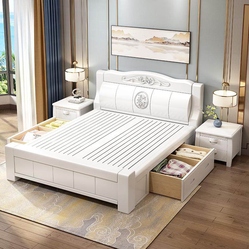 实木床现代简约中式双人床白色主卧经济型.米.米储物橡木婚床