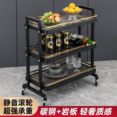 不锈钢岩板轻奢三层火锅车酒店手推移动餐桌置物菜架酒水餐车S店