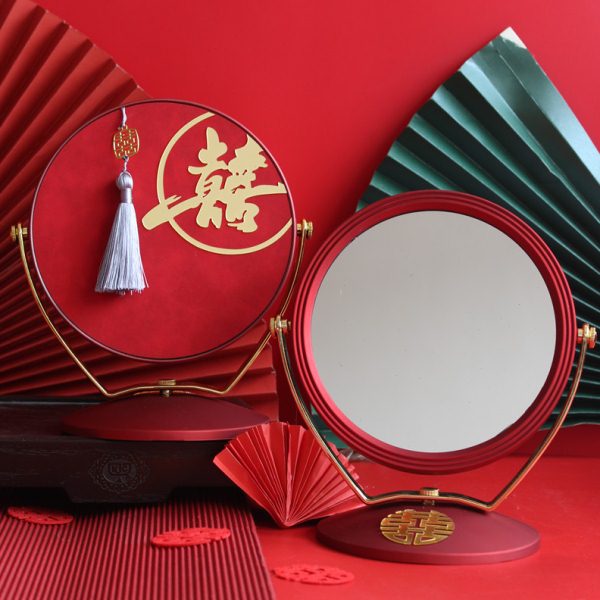 结婚镜子面新娘红色中式复古化妆镜一对随身镜梳妆台镜女方陪嫁