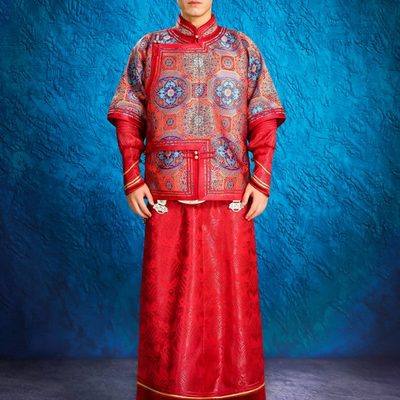 新款男士时尚拍照蒙古袍婚礼新郎伴郎父母敬酒舞蹈演出服红色长袍