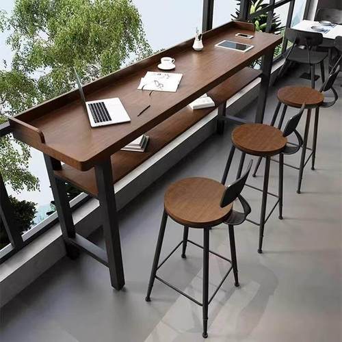 阳台家用吧台桌双层实木挡板靠窗靠墙窄桌长条高低脚长桌子高脚桌