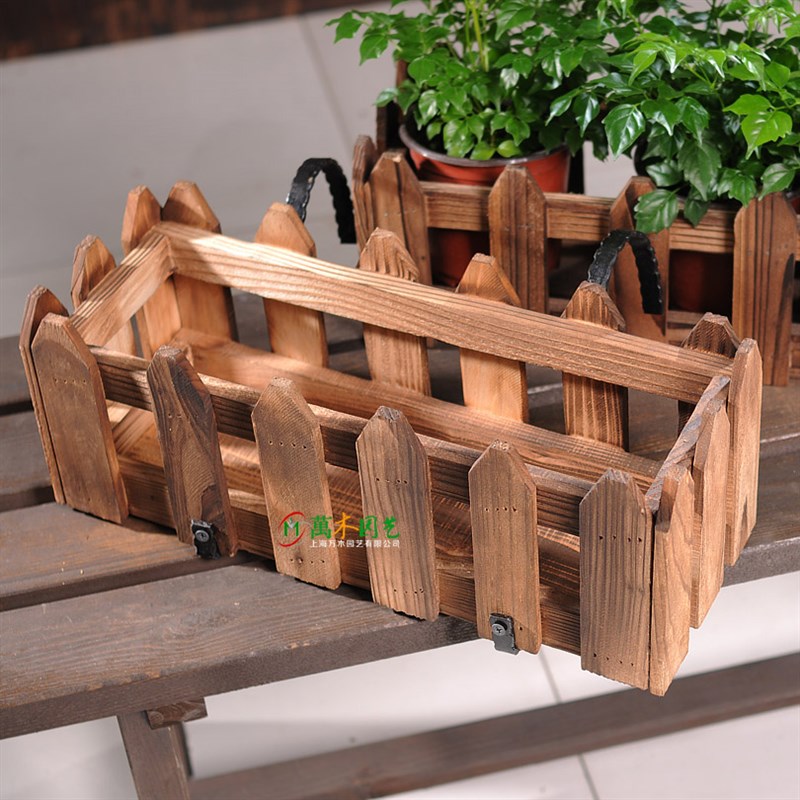 木栅栏花盆长方形壁挂式木质花槽碳E化防腐木花箱阳台栏杆花架户