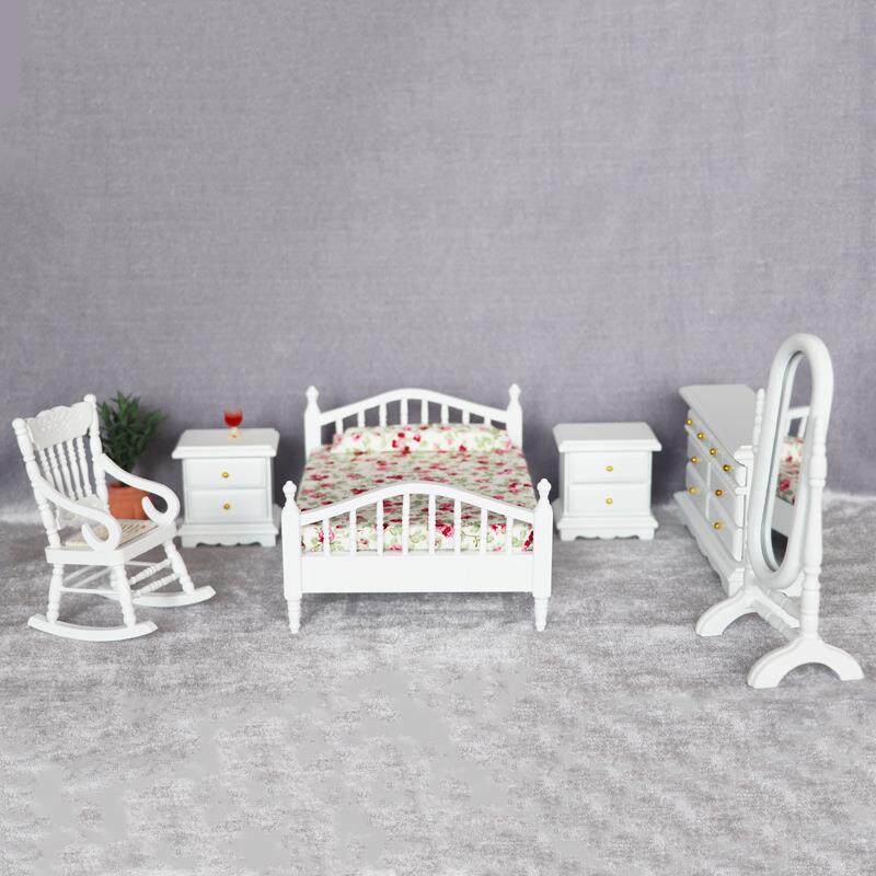 1:12迷你娃娃屋dollhouse12分娃娃用家具模型摆件白色卧室6件套装