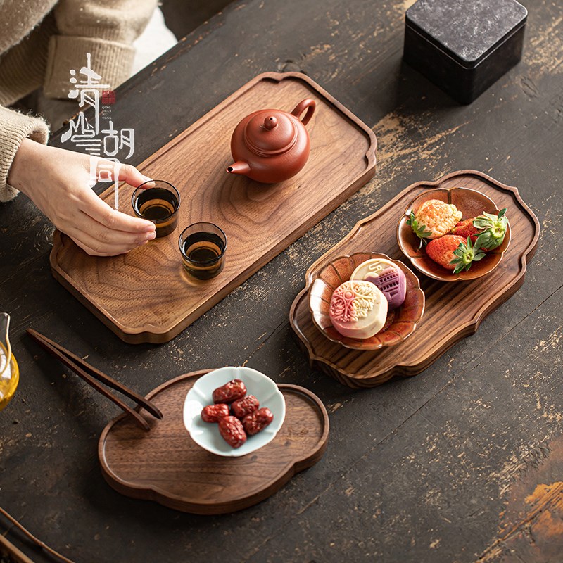 中式奉茶托盘胡桃木海棠壶承实木质茶壶茶杯收纳盘复古隔热垫子
