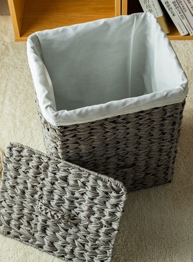 灰色长方形仿藤编脏衣筐带盖子布衬手编洗衣篮仿水仙草编脏衣桶