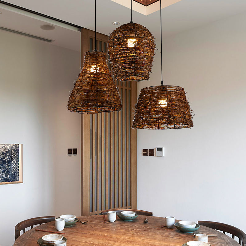 赶灯荟东南亚藤艺编织吊灯乡村复古田园餐厅网咖吧台灯农家乐灯具