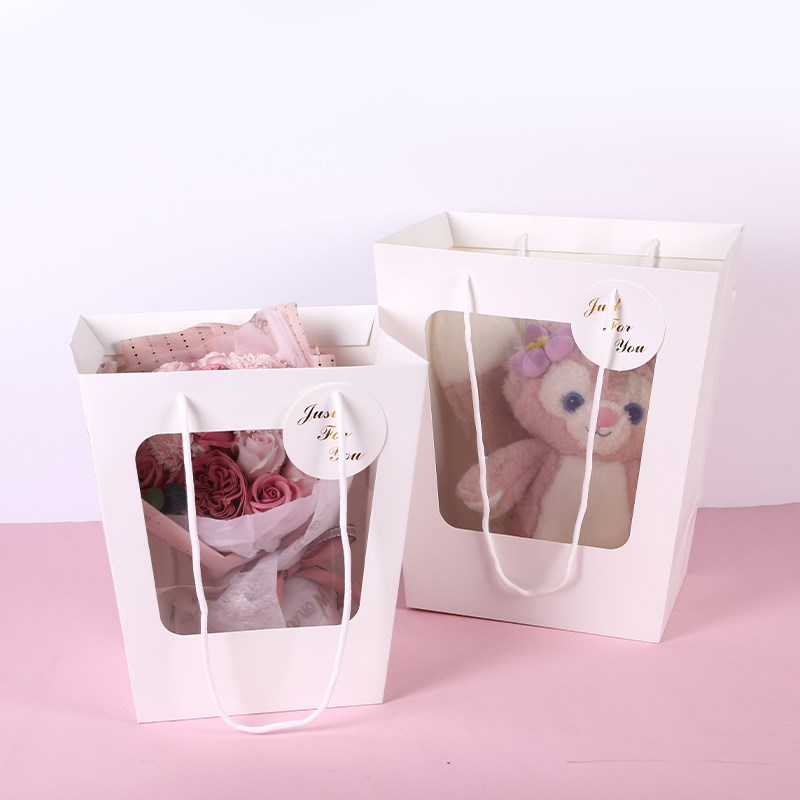 加长手提鲜花袋子大号粉色开窗白色透明袋子白卡覆膜永生花盒礼品