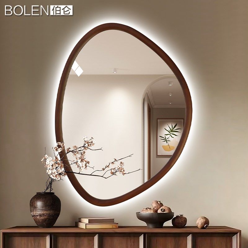 OLN侘寂风实木边框斗柜镜子中古风智能浴室镜LD带灯玄关装饰镜