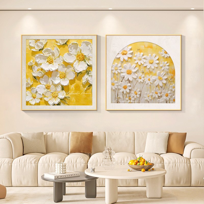 奶油风组合客厅装饰画治愈系艺术花卉正方形餐桌边挂画肌理感壁画图片