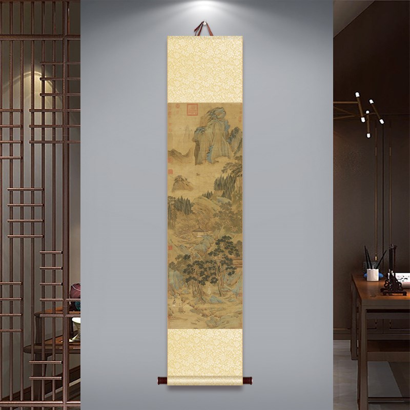 中式国画桃村草堂图仇英书房茶楼卷轴挂画挂轴山水古画茶室装饰画图片
