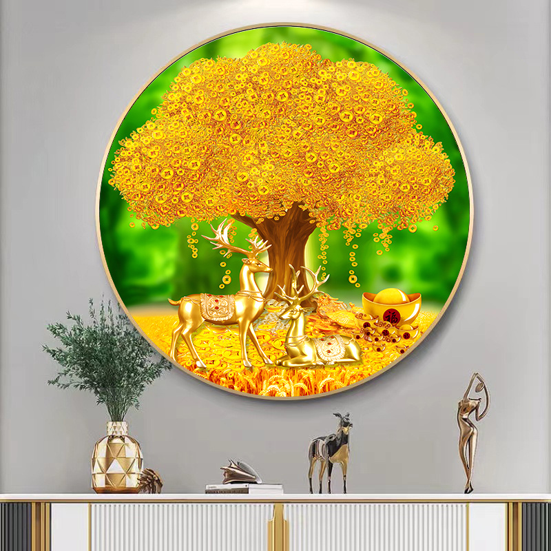 现代简约发财树好寓意饭厅y装饰画入户玄关圆形挂画店壁画图片