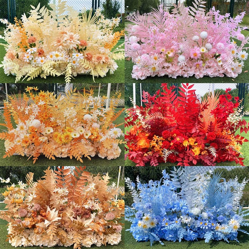 新款婚庆花排红色香槟色蓝色地排花婚礼舞台装饰花艺摆件路引花