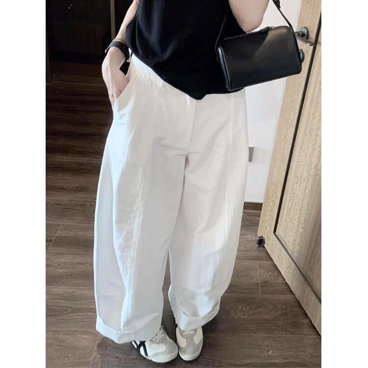 小个子韩系慵懒风白色弯刀裤女夏季薄款高腰宽松阔腿休闲九分裤子
