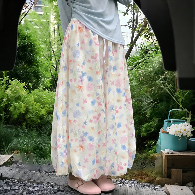 彩色花苞阔腿裙裤女夏季薄款矮小个子八分高腰宽松显瘦休闲灯笼裤