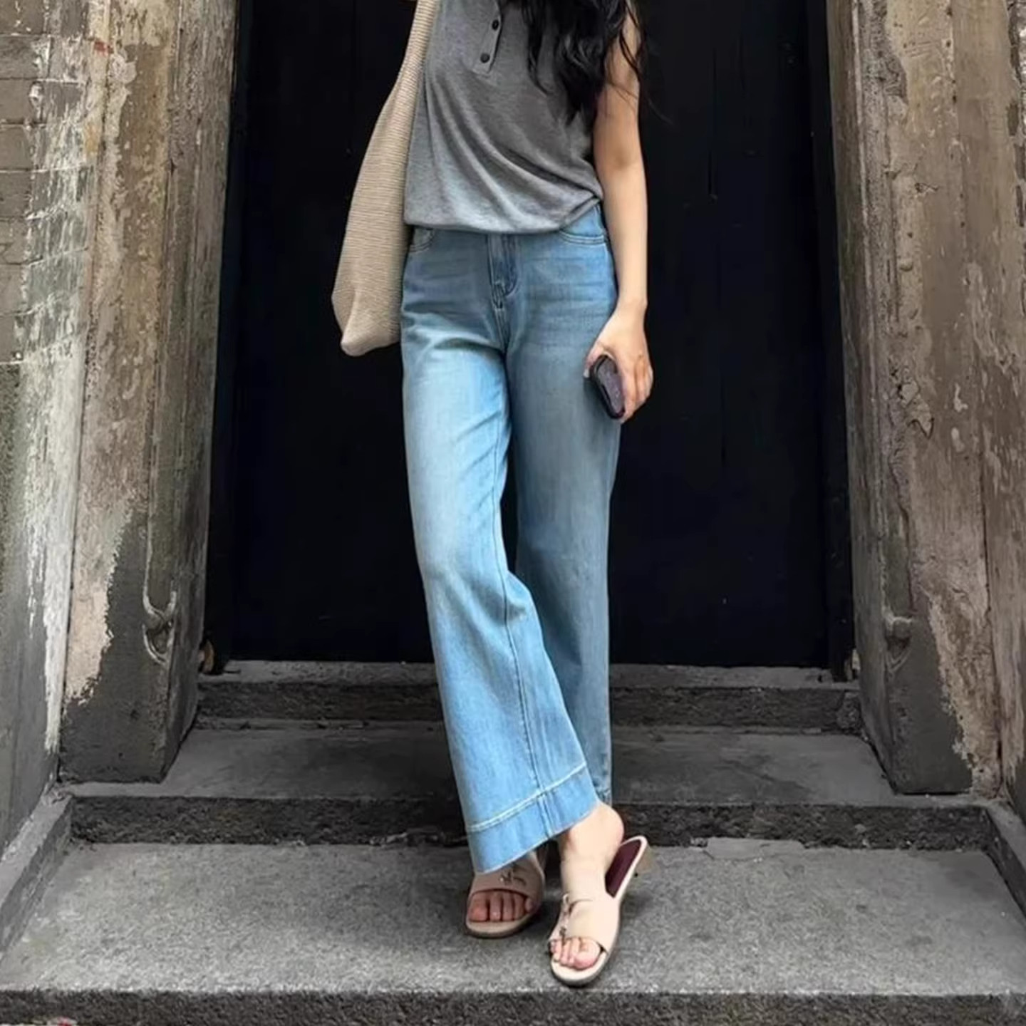 韩系浅蓝色阔腿牛仔裤女夏季薄款高腰显瘦小个子九分窄版直筒裤子