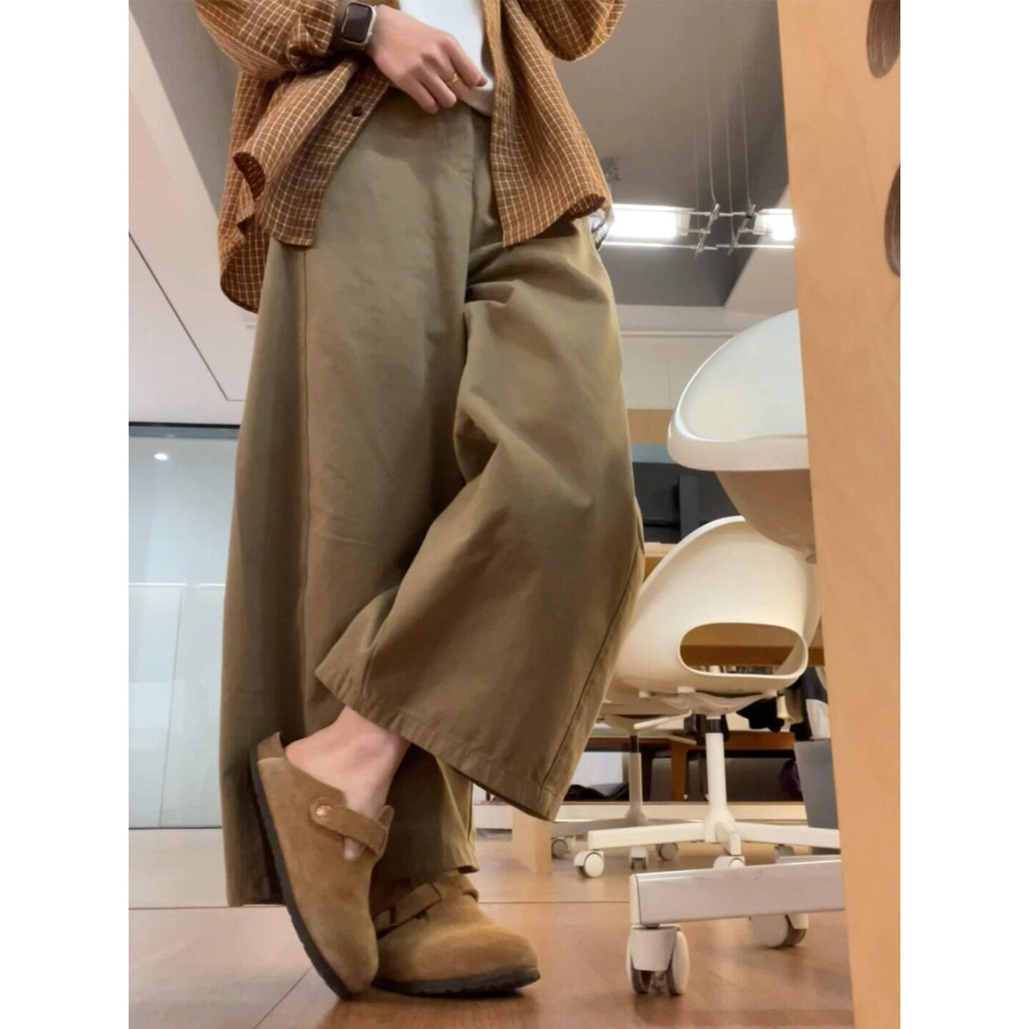 韩系慵懒风小个子九分卡其阔腿裤女夏季薄款高腰宽松显瘦工装裤子