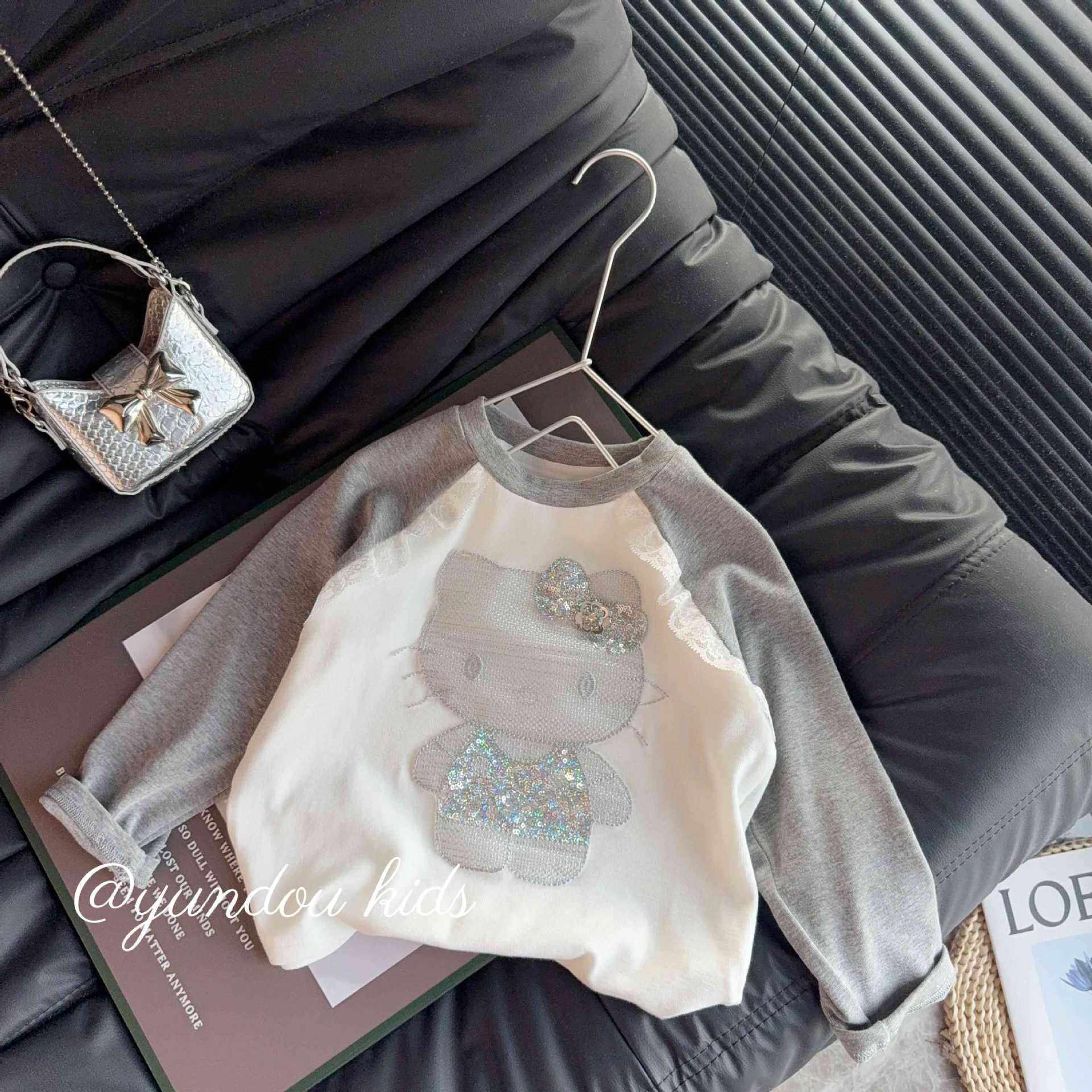 2026春款闪钻KT猫咪长袖打底衫拼接女童T恤亲子装韩版休闲上衣