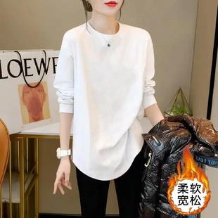 德绒加绒打底衫女秋冬季宽松加厚抓绒中长款开叉上衣内搭长袖T恤