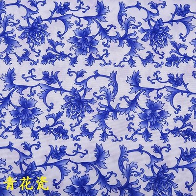 青花瓷印花涤纶布白底蓝花