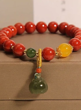 新款网红古风仿南红玛瑙手链民族风和田玉手串本命年莲蓬吊坠手饰