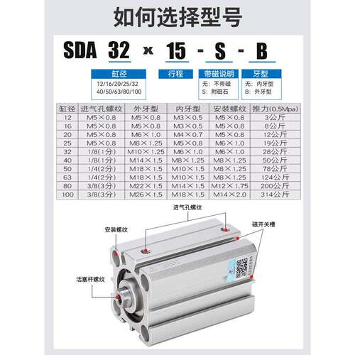 星辰薄型气缸SDA12/16/20/25/32/40/63/80*10*30*50*/60/75-S带磁