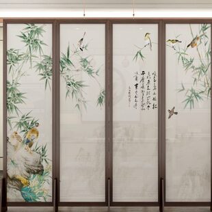 办公室国画竹子 屏风实木隔断折叠移动遮挡入户玄关客厅双面新中式