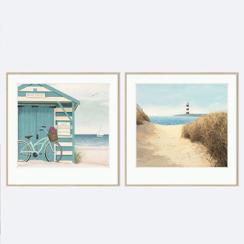 北欧风景餐厅装饰画海景别墅灯塔双联正方形挂画客厅沙发背景墙画图片