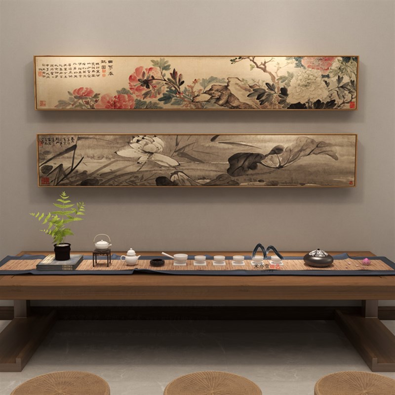 米亦堂x牡丹荷花 现代简约新中式横幅客厅餐厅卧室床头装饰画挂画图片