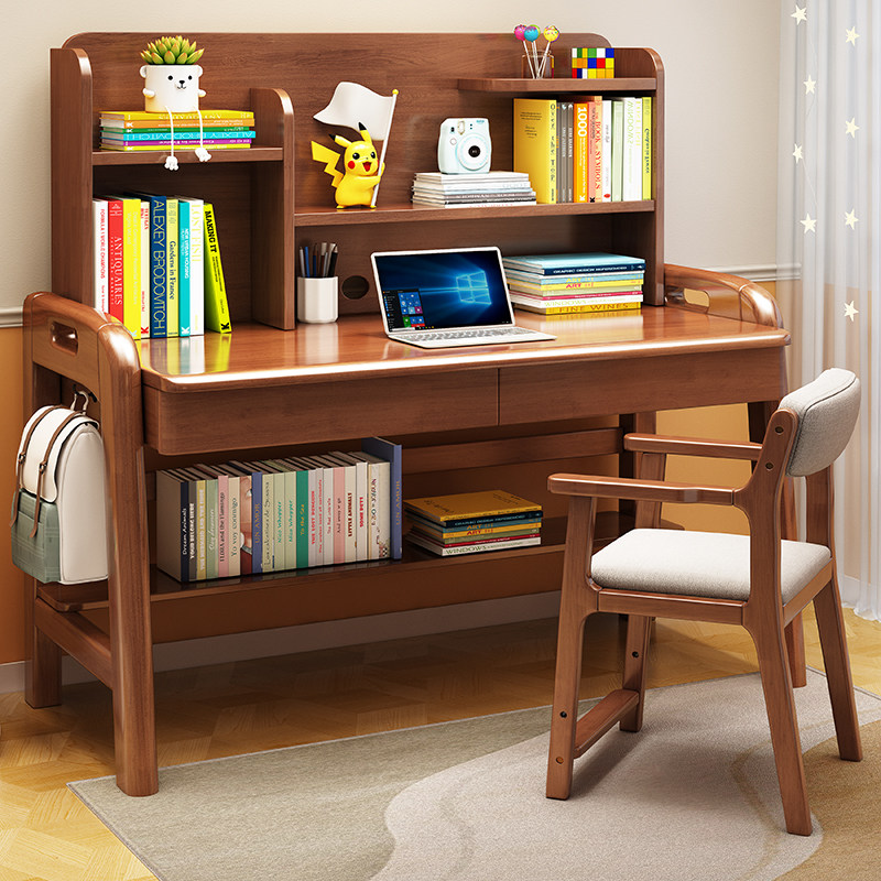 实木电脑桌带穿线孔学生家用书桌儿童小孩子学习桌椅带书架一体