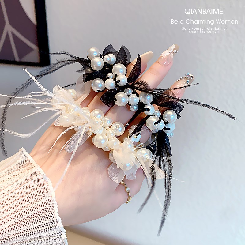 法式珍珠发圈女头花n羽毛简约大肠圈扎高马尾手链丸子头皮筋大童