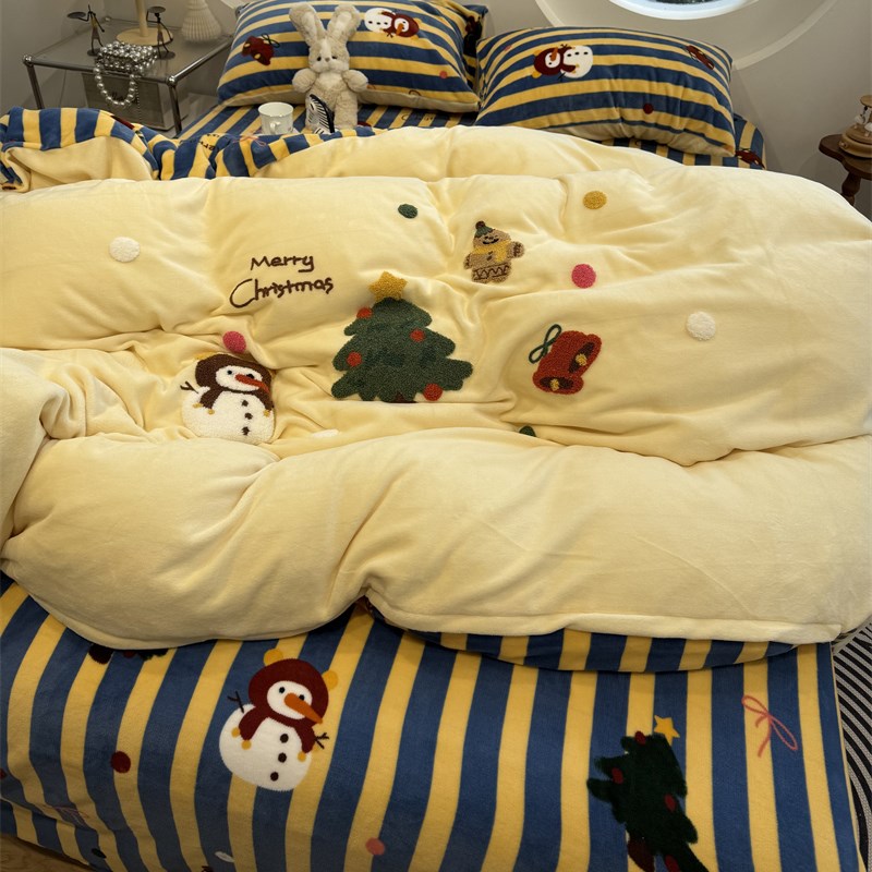 冬季加厚保暖印加绣m牛奶绒卡通圣诞雪人床上四件套珊瑚绒1.5m米
