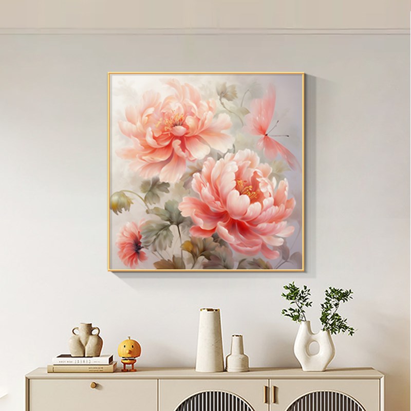 花开富贵正方形餐厅装饰画饭厅饭桌背景墙挂画高档大气牡丹图壁画图片