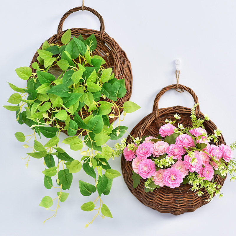 墙上装饰壁挂花篮藤编客厅创意墙面挂件干花仿真花壁挂花花藤套装