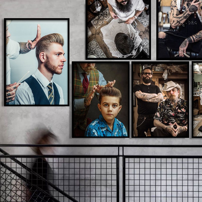 复古怀旧理发店发廊男士发型图片装饰画美发海报造型挂画墙壁画