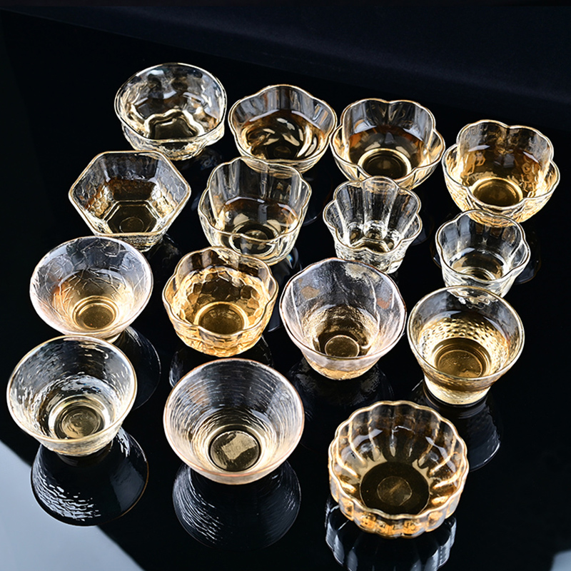 日式锤纹玻璃品茗杯家用金边玻璃杯功夫茶杯主人杯小茶盏个人专用