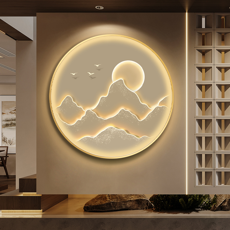 现代轻奢背有靠山水圆形玄关装饰画高级感入户挂画带灯客厅墙壁画