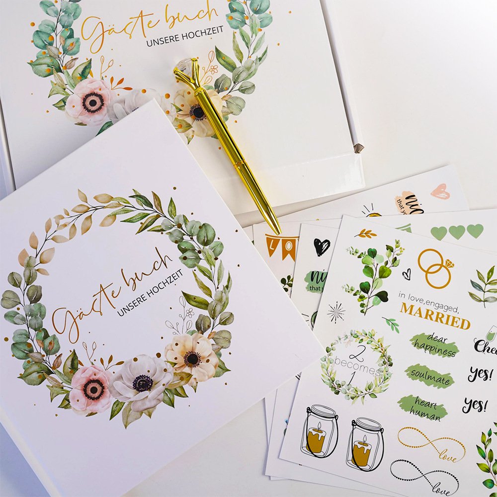 德语guest book欧美登记记事宾客签到本套装婚礼线圈金箔相册