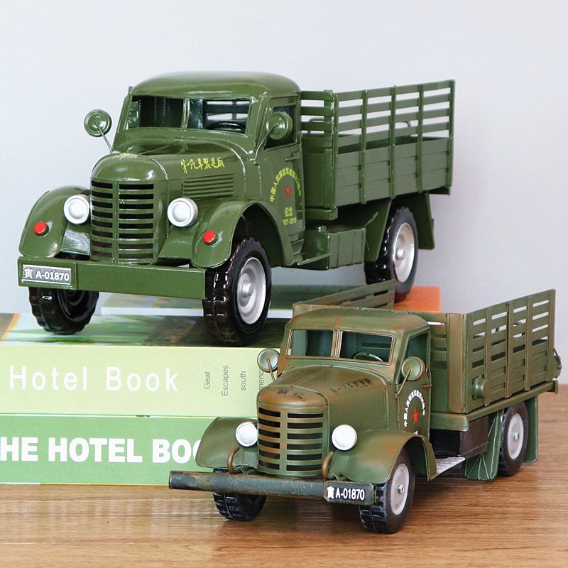 纯手工铁皮老解放卡车二战军车模型老爷车吉普车摆件橱窗道具