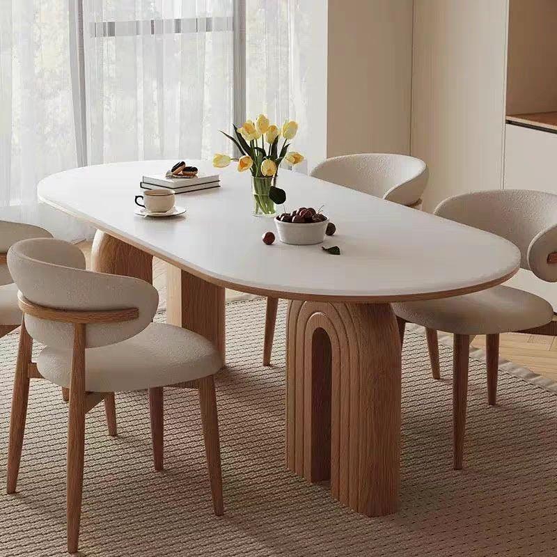 奶油餐桌实木法式岩板餐桌椅组合家用现代饭桌古风小户型椭圆形