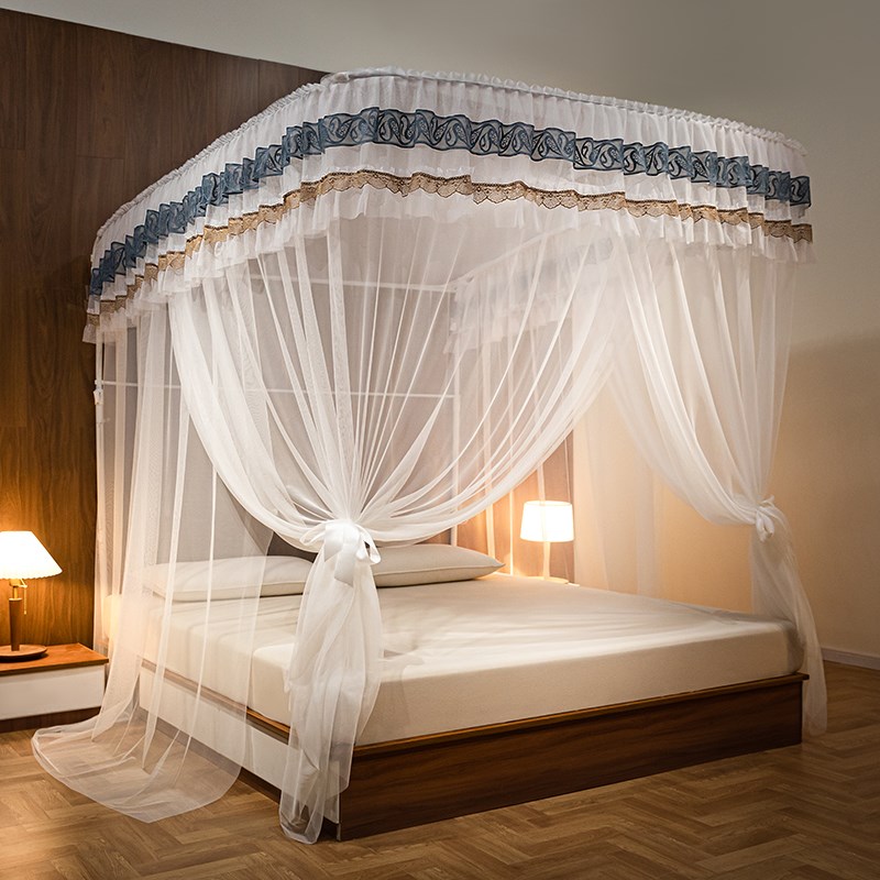 2024新款高级公主风法式蚊帐家用卧室u型伸缩支架落地三开门床幔