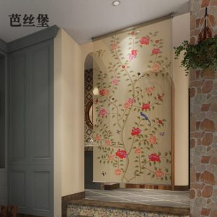 新中式 屏风移动窗帘卷帘升降定制 隔断客厅卧室装 饰玄关办公悬挂式