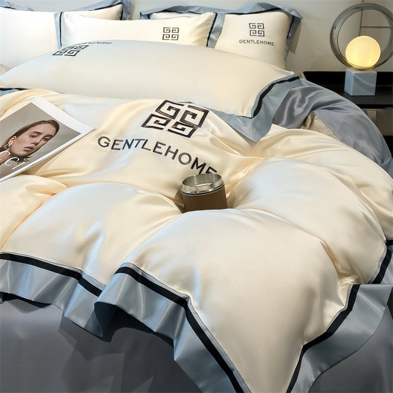 泰国轻奢风水洗天丝刺绣四件套简约纯色冰丝床单被套南通家纺代发