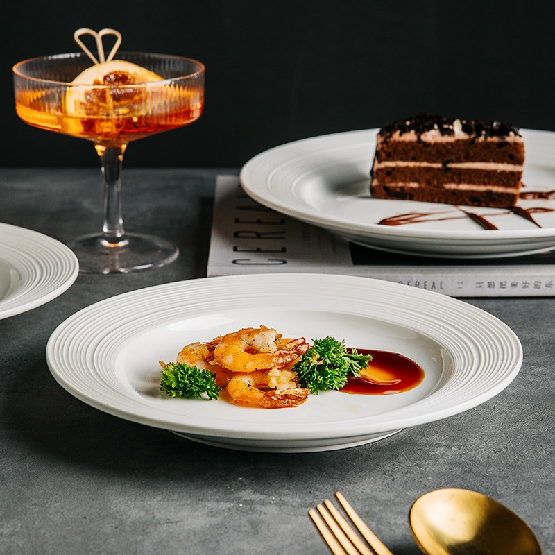 纯白陶瓷盘牛排餐盘意面盘西餐盘圆盘菜盘线纹平U盘商用中餐盘子