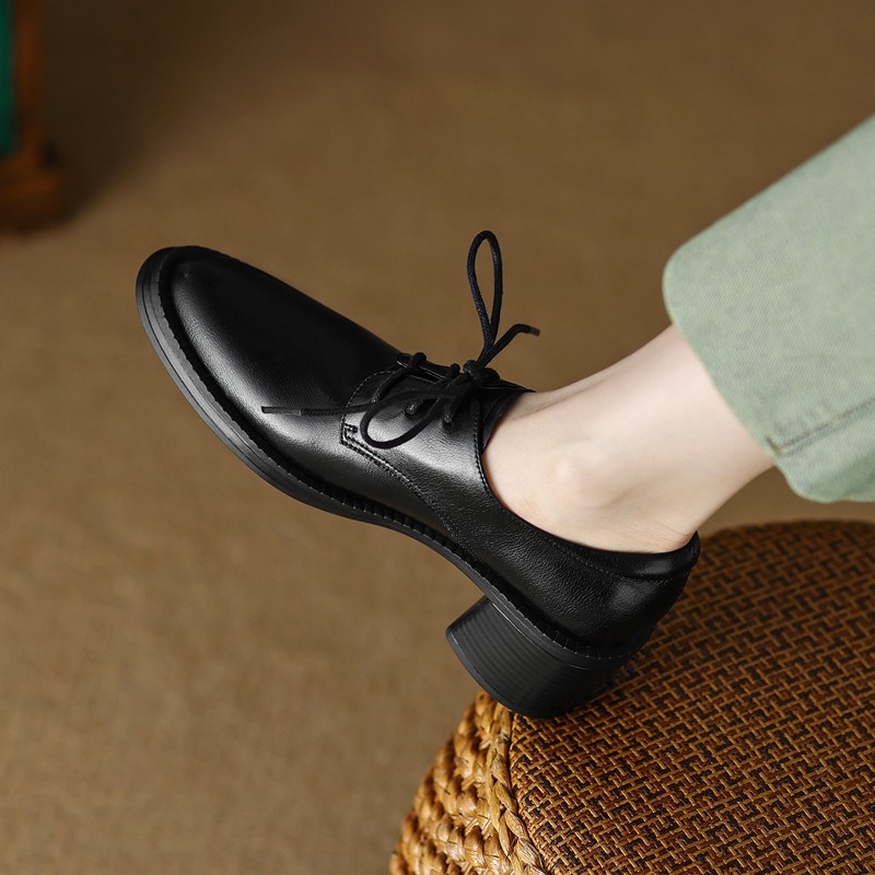 2023春新款真皮粗跟系带擦色小皮鞋女高跟M尖头英伦风棕色复古单