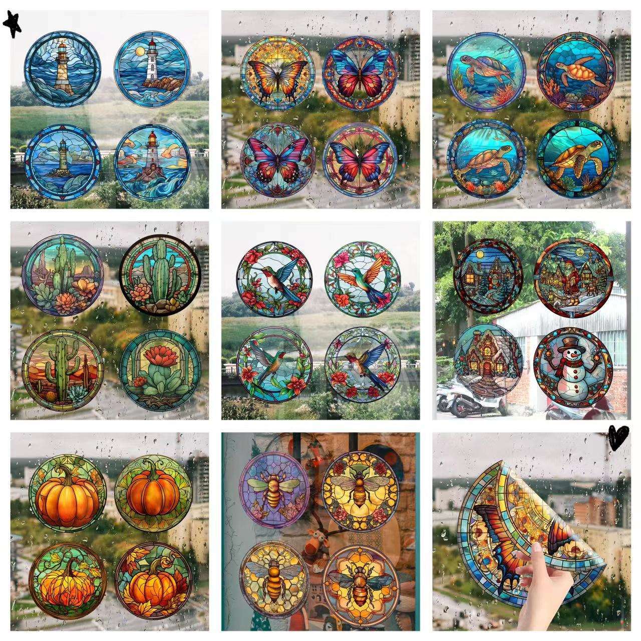 JD130-137彩色航海蝴蝶蜂鸟南瓜PVC静电玻璃贴可移除窗户装饰贴膜