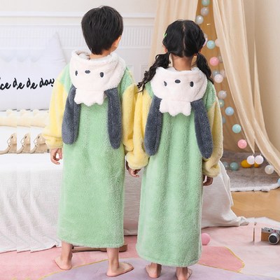 男童睡衣冬季珊瑚绒浴袍加长加厚C睡袍儿童女童中大童法兰绒家居