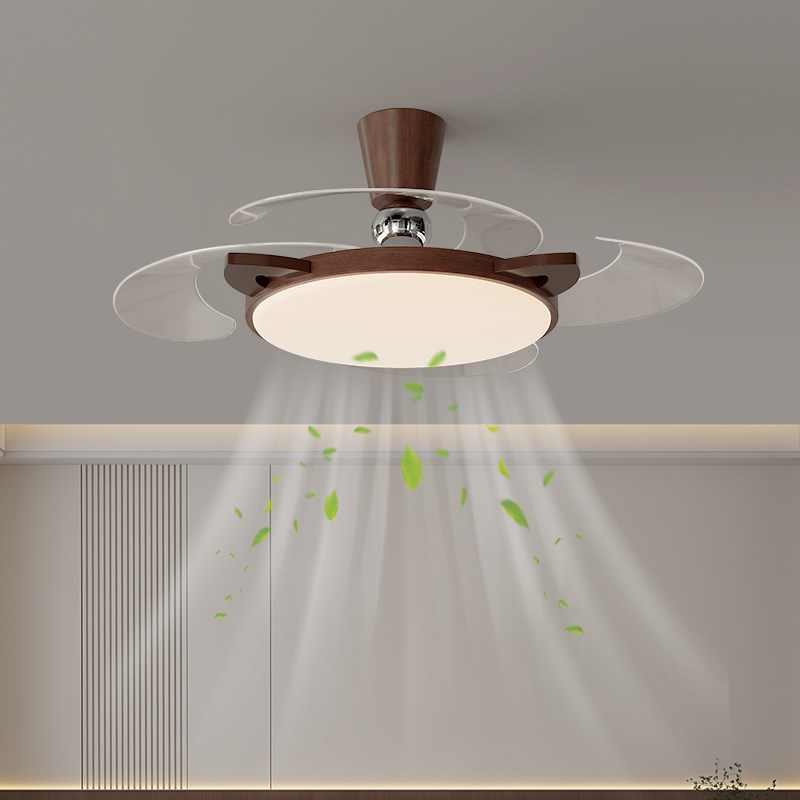 隐形风扇灯中古风餐厅吊扇灯新款复古胡桃木色极简Y卧室电扇灯具