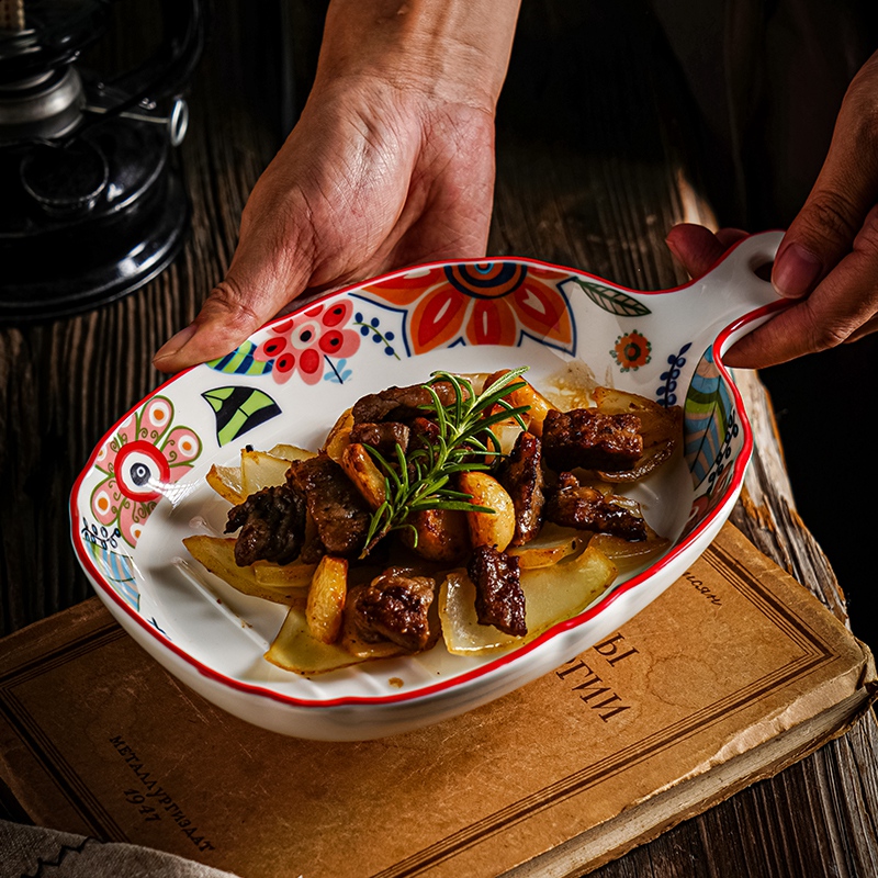 蝶恋花单耳烤盘意面盘子家用陶瓷披萨盘微波炉烤箱创意防粘水果盘