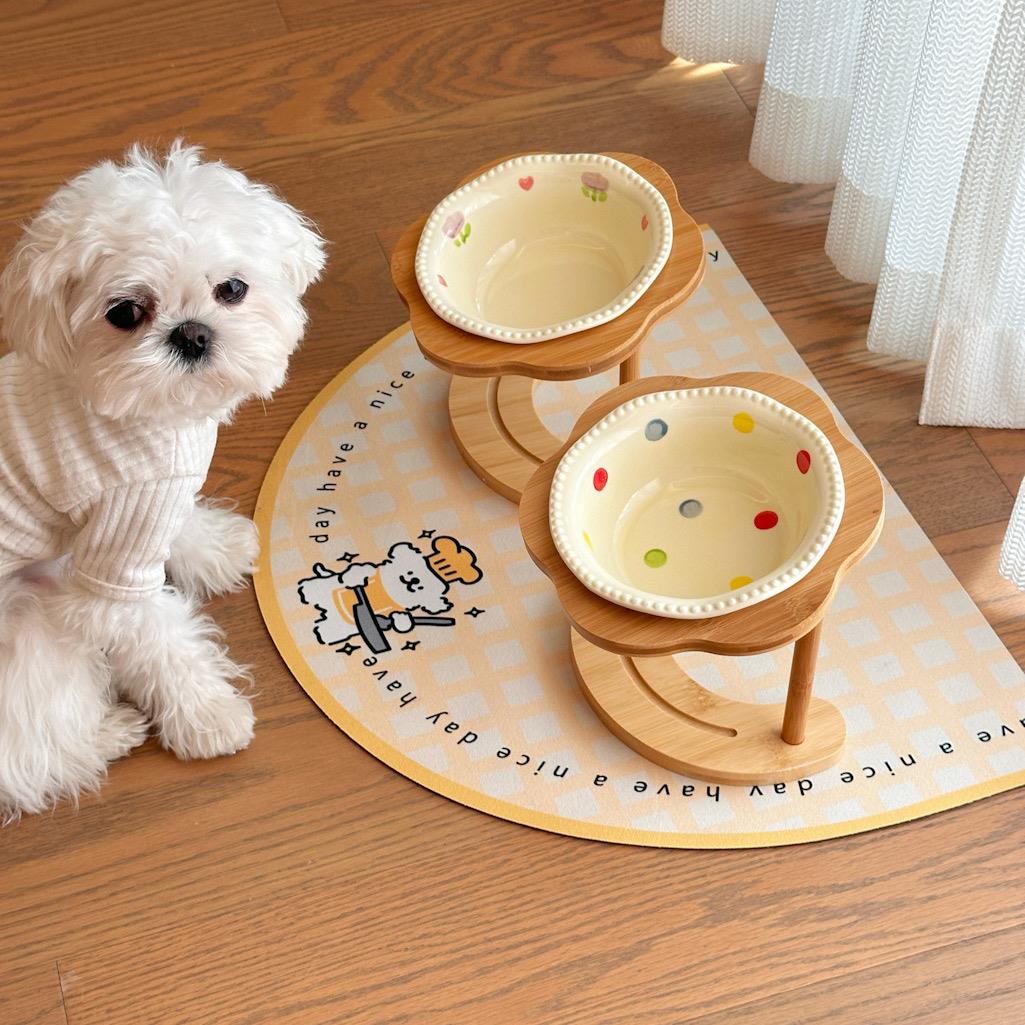 奶油风陶瓷宠物碗竹架防打翻护脊小宠幼犬猫碗狗盆狗碗宠物狗粮碗
