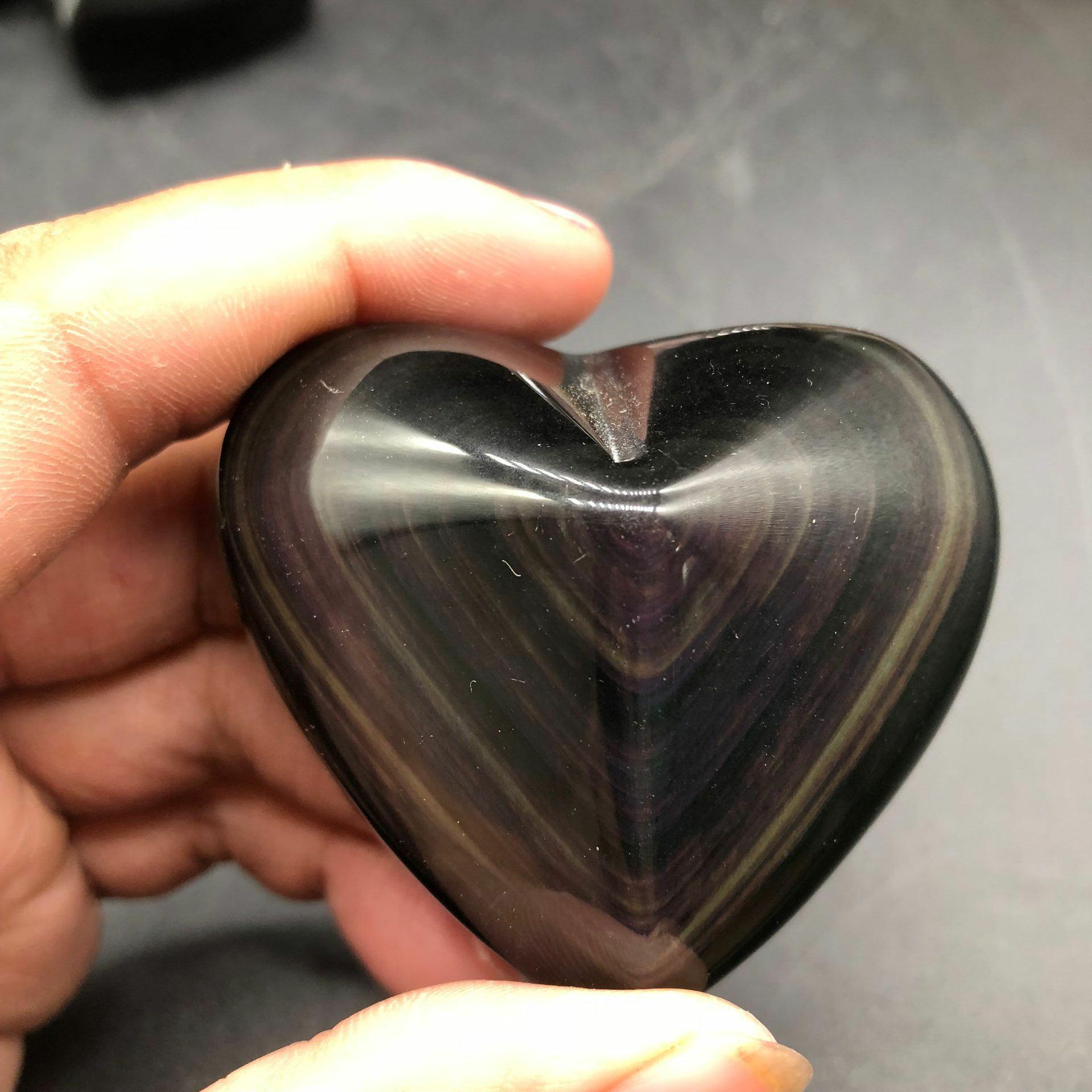 天然黑曜石彩虹眼心形摆件手把件黑曜石原石裸石颗颗带眼厂家直销